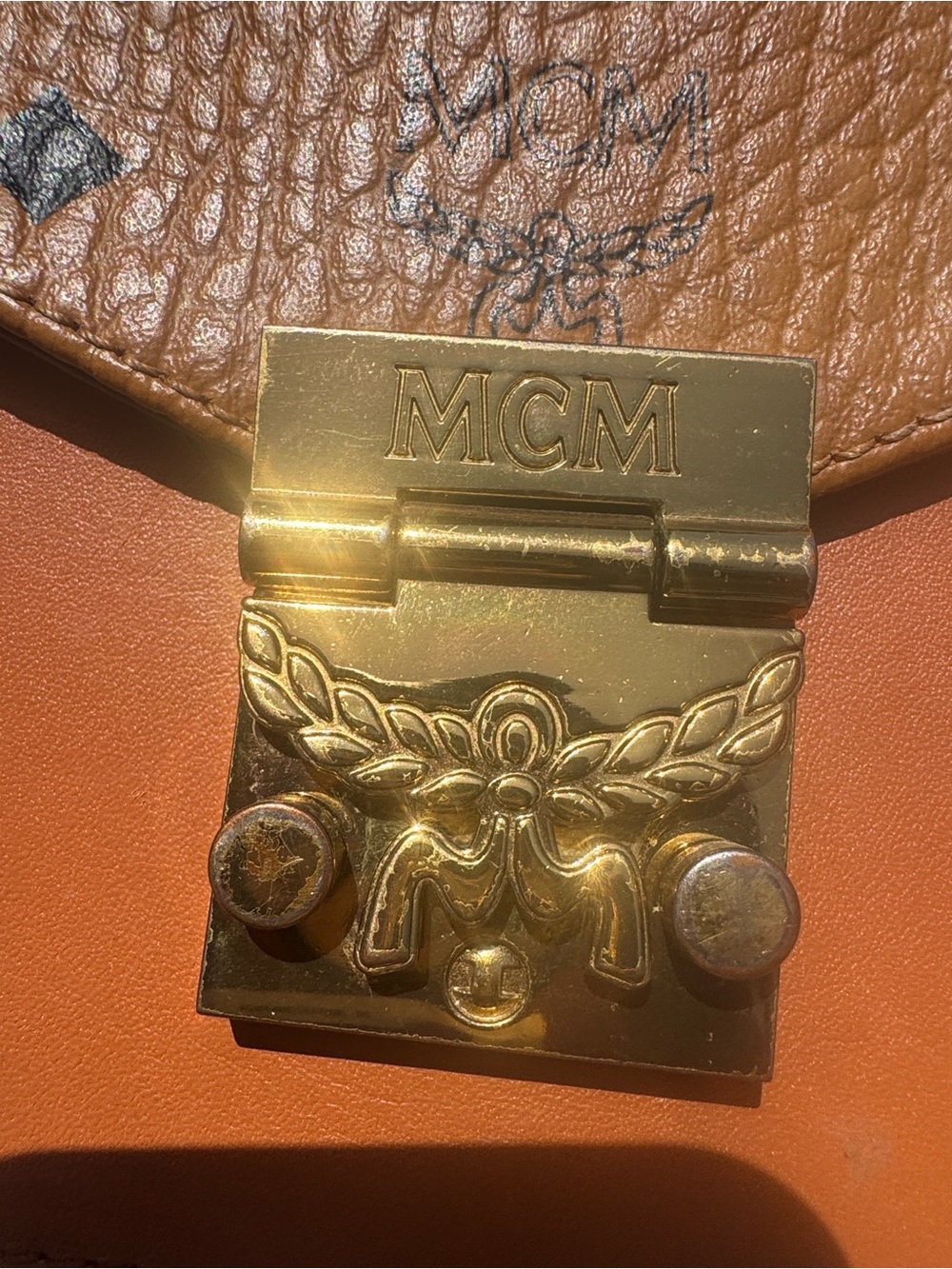 MCM Tan Visetos Top Handle Satchel with Gold Hardware (no strap). - Picture 6 of 7